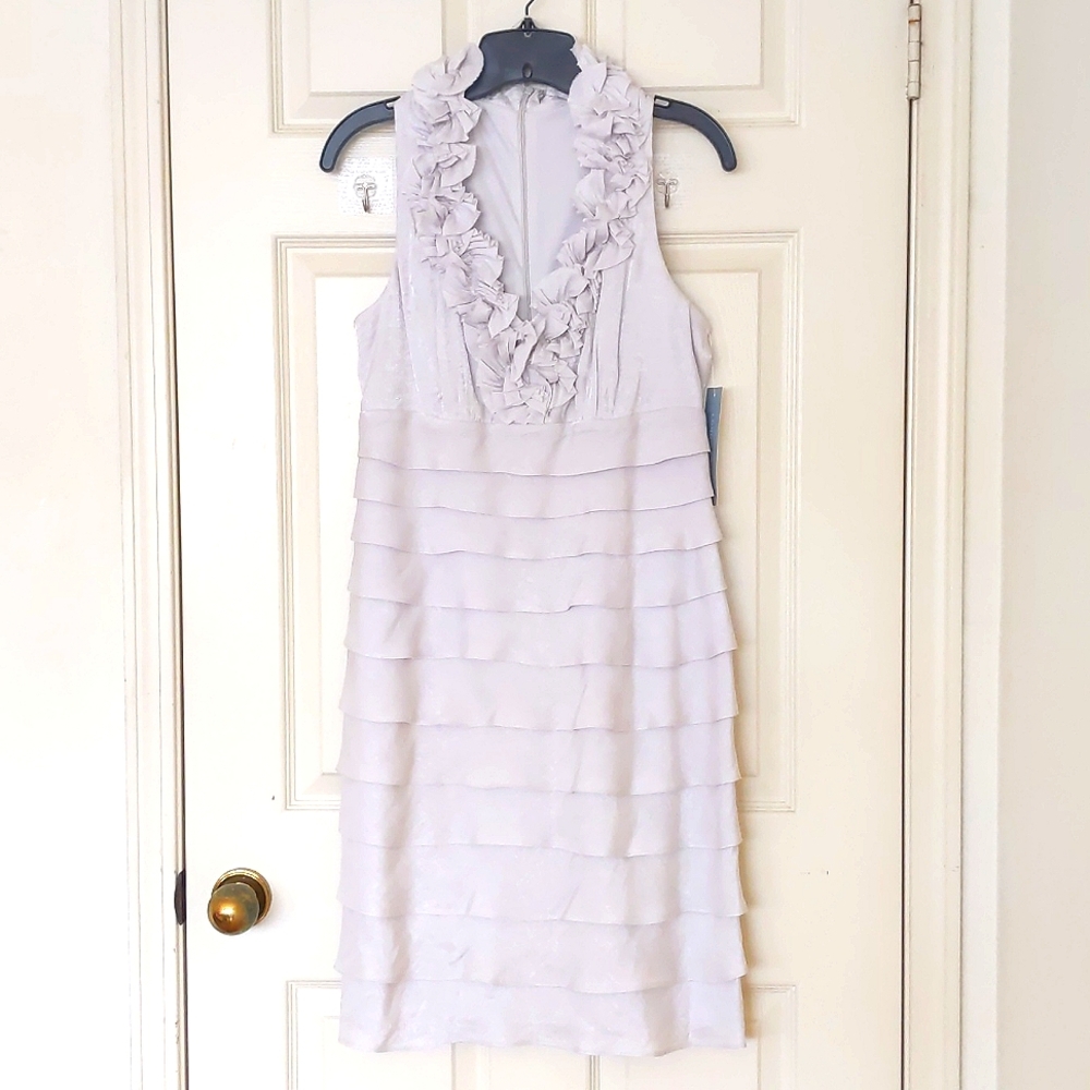 NWT. Fully lined sliver grey dress with 3D Floral V-neck and ruffle tiered skirt